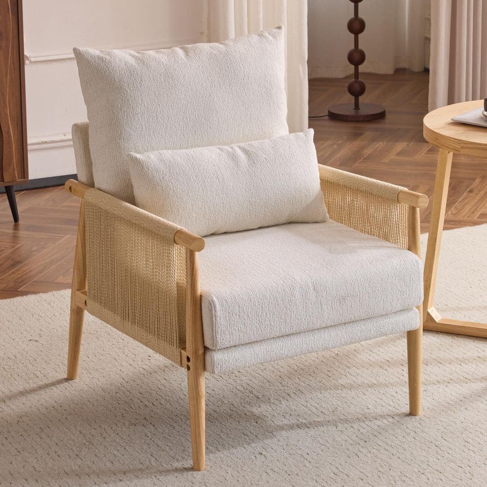 Beige Chenille Arm Chair with Pillow