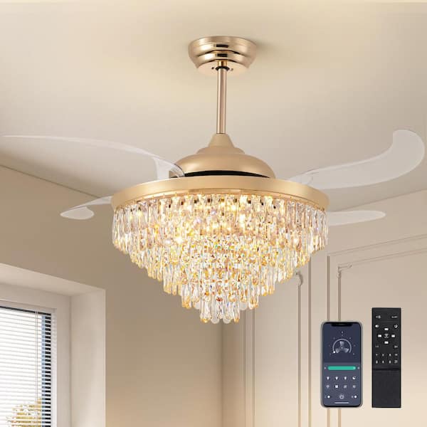 52 in. Modern Indoor Modern Gold Retractable Crystal Ceiling Fan with light and Remote, Chandelier Fan Downrod Mount