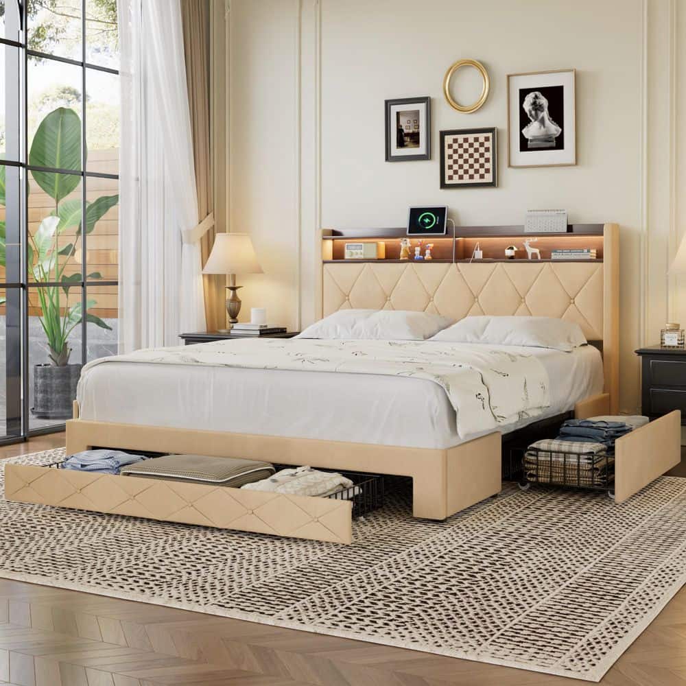 Storage Bed Beige Metal Frame Queen Platform Bed with Power Station, USB Ports and Storage Shelf Headboard, Drawers