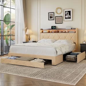 Storage Bed Beige Metal Frame Queen Platform Bed with Power Station, USB Ports and Storage Shelf Headboard, Drawers