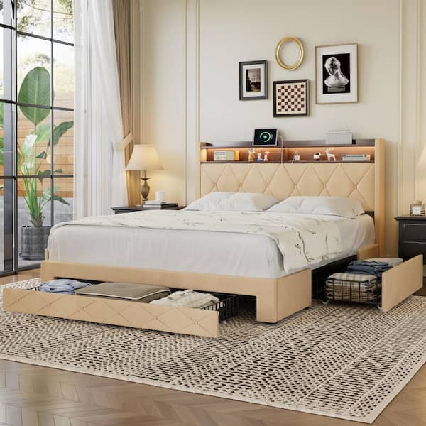 Storage Bed Beige Metal Frame Queen Platform Bed with Power Station, USB Ports and Storage Shelf Headboard, Drawers