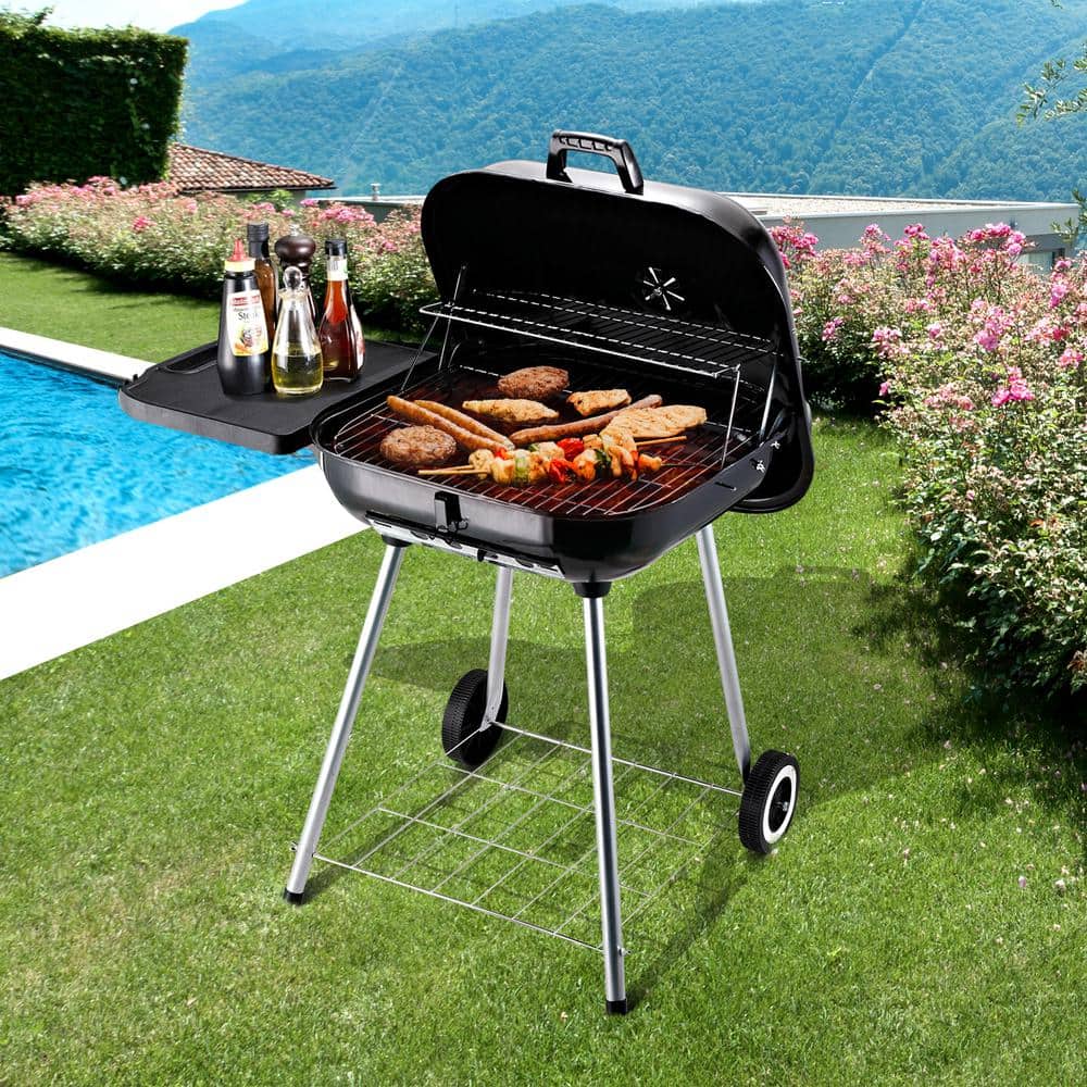 Portable Black Charcoal Grill with Smoker and Shelves