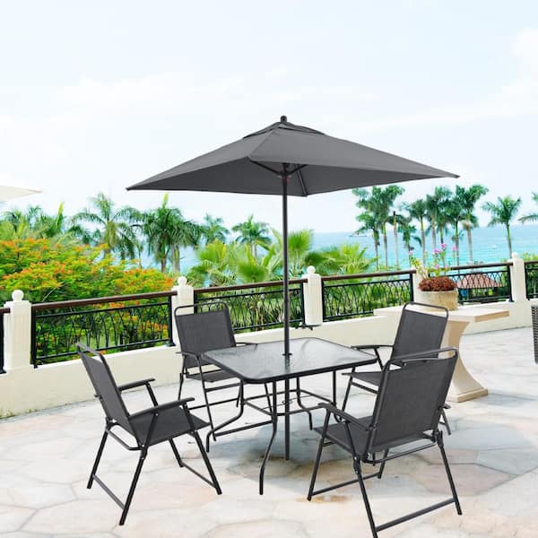 6-Pieces Outdoor Bistro Set with 4-Folding Metal Chairs, Glass Square Table and Umbrella