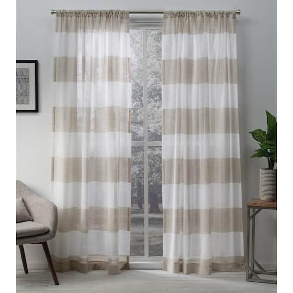 EXCLUSIVE HOME Darma Linen Stripe Sheer Rod Pocket Curtain, 50 in. W x 84 in. L (Set of 2)