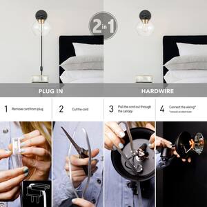 Brown 1-Light Matte Black and Gold Plug-In or Hardwire Wall Sconce with 6 ft. Cord