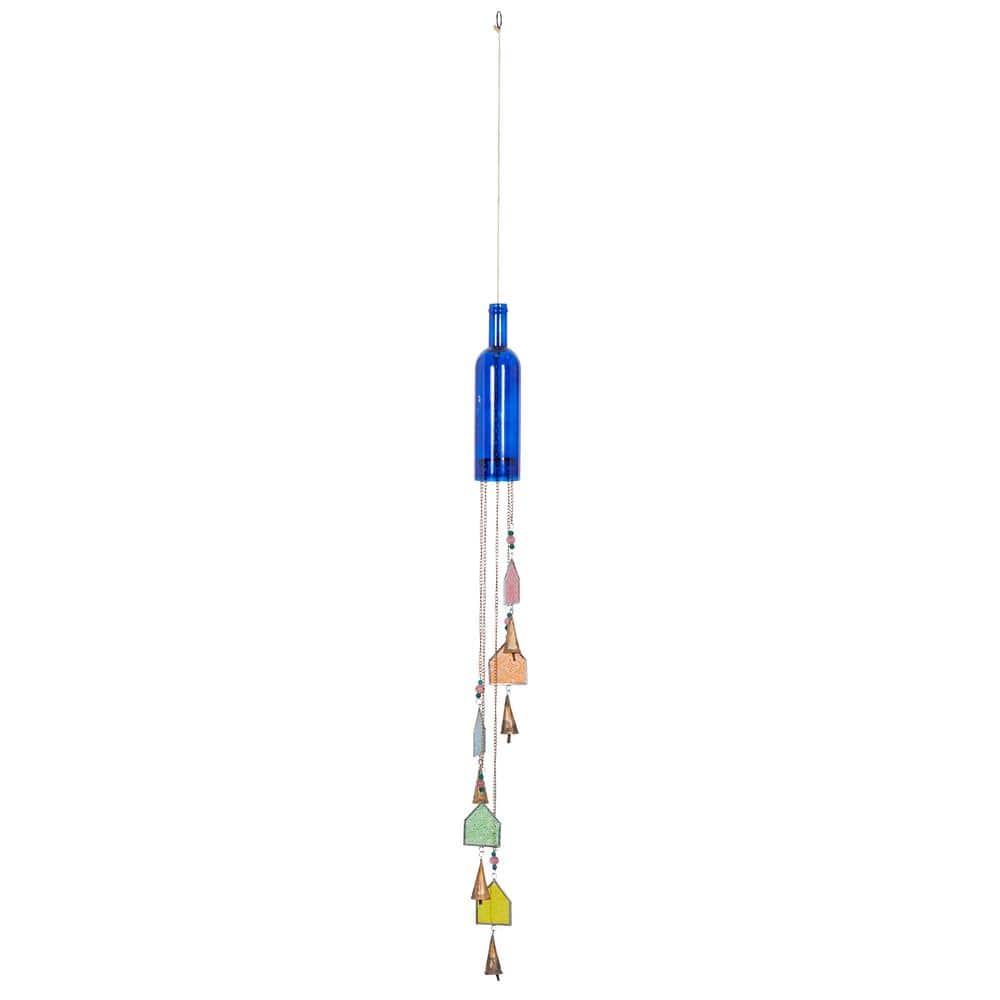 41-Inch Blue Glass Bottle Wind Chime with Beads and Bells
