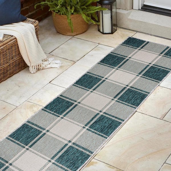 JONATHAN Y Sabine Turquoise/Cream 2 ft. x 8 ft. Traditional Farmhouse Bold Gingham Indoor/Outdoor Runner Rug