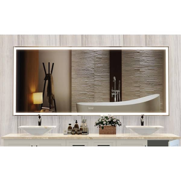ANGELES HOME 72 in. W x 32 in. H Large Rectangular Framed Wall LED Bathroom Vanity Mirror with 3-Color Lights in Silver, Waterproof