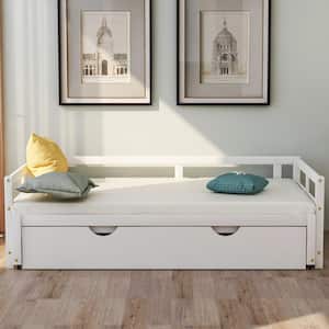 White Daybed Twin Size, Twin Daybed with Trundle, Extending Wooden Daybed, Sofa Bed for Bedroom/Living Room