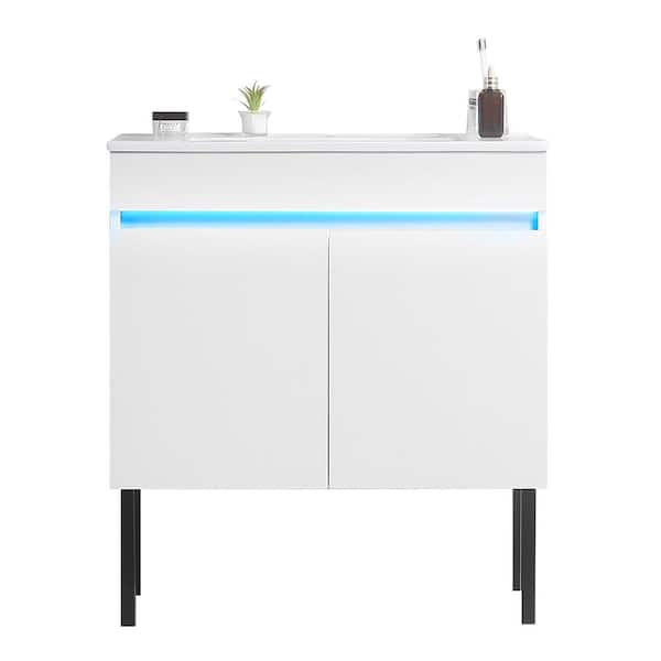 grossag 24 in. W x 18 in. D x 32 in. H Single Sink Freestanding/Floating Bath Vanity in White with Ceramic Top, Sensing Light