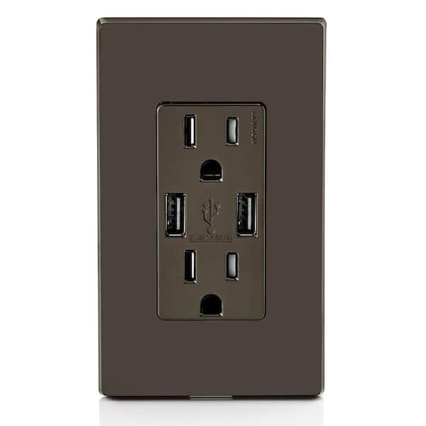 3.6A USB Dual Type A In-Wall Charger with 15 Amp Tamper-Resistant Outlets, Brown