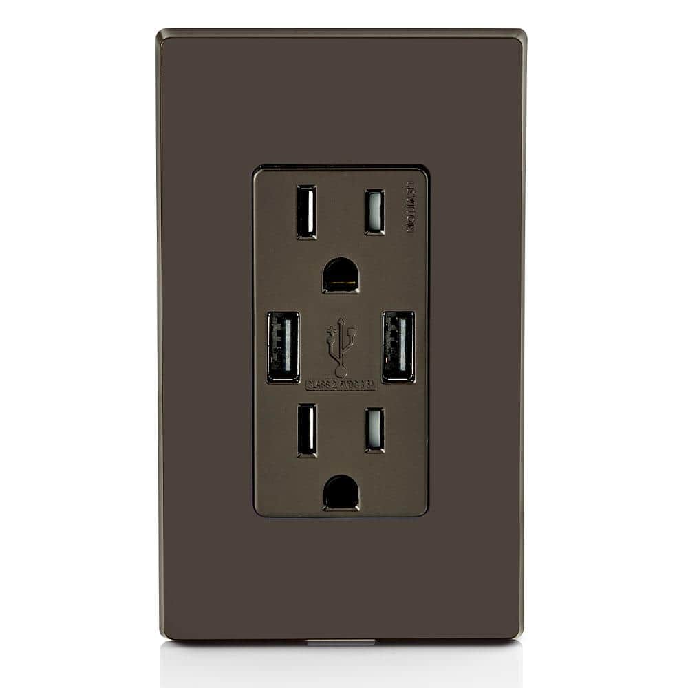 Brown 15A Duplex Receptacle with 2-Port USB Charger