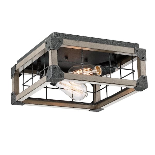Uixe 13.00 in. 2-Light Farmhouse Anchor Grey Oak and Old Silver Flush Mount Ceiling Light