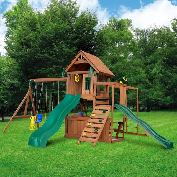 Swing-N-Slide Playsets Super KnightsBridge Complete Wooden Outdoor Playset with Slides, Monkey Bars, Swings and Swing Set Accessories