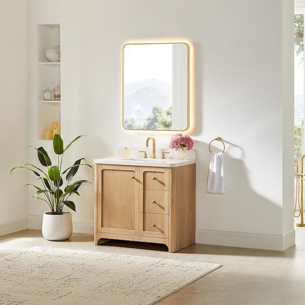 Milner 36 in. Single Freestanding Brushed Oak Bath Vanity with Grain White Engineered Stone Top Assembled