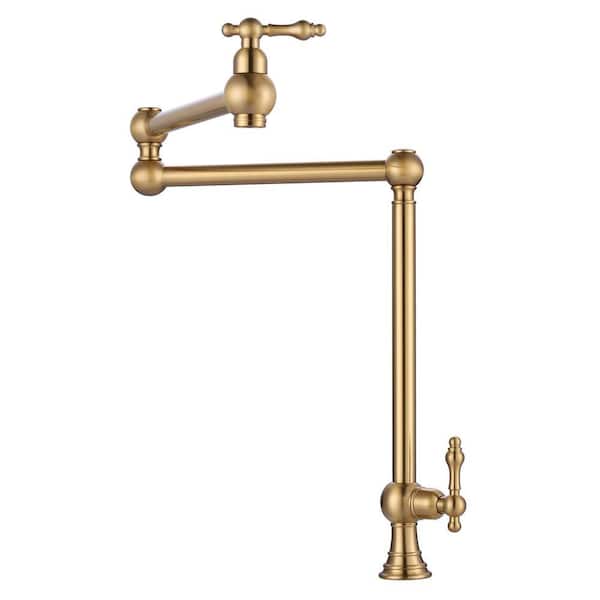Deck Mounted Brass Pot Filler Folding Faucet Over Stove with Double Handle Swing Arms in Brushed Gold