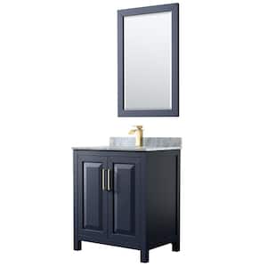 Daria 30 in. Single Vanity in Dark Blue with Marble Vanity Top in White Carrara with White Basin and 24 in. Mirror