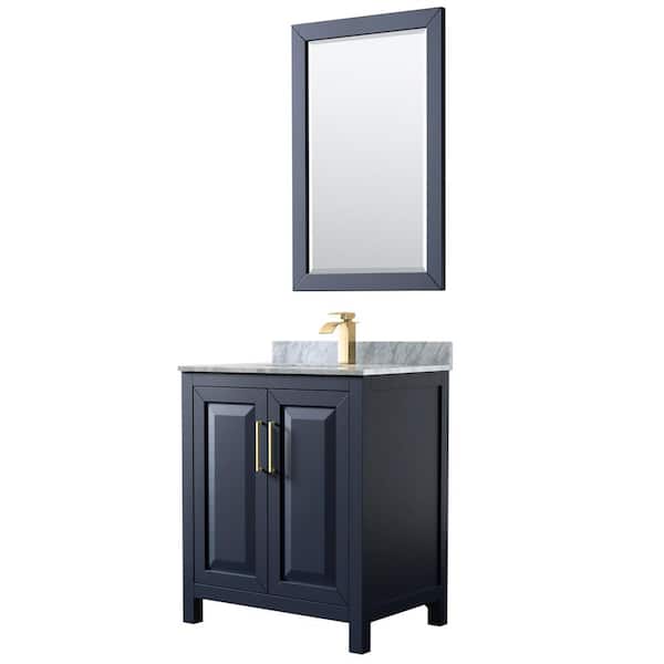 Wyndham Collection Daria 30 in. Single Vanity in Dark Blue with Marble Vanity Top in White Carrara with White Basin and 24 in. Mirror