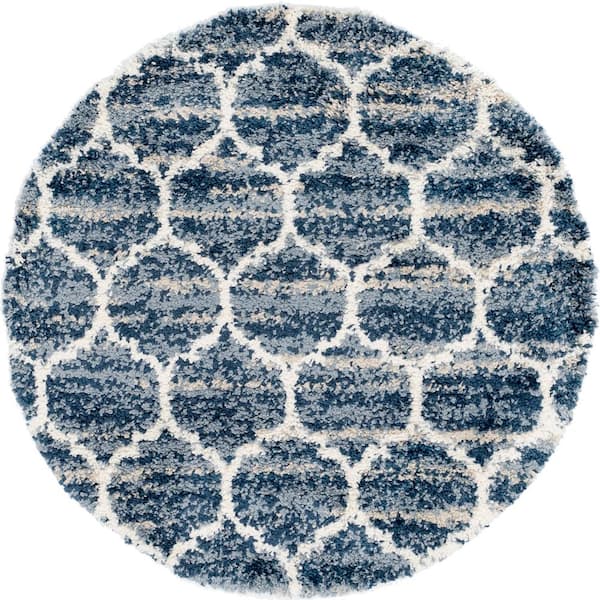 Unique Loom Hygge Shag Trellis Blue 5 ft. x 5 ft. Round Rug