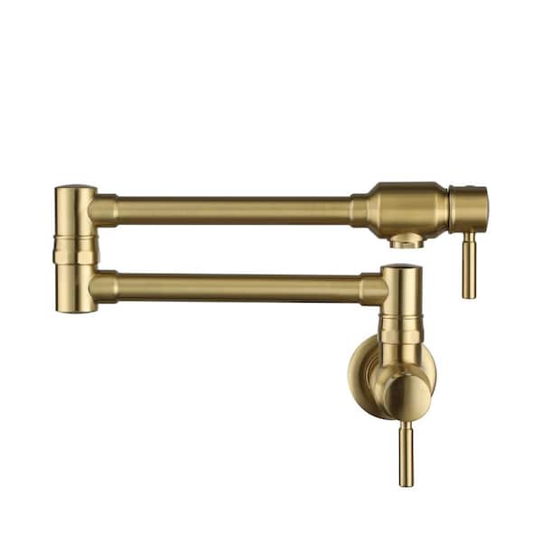 Single Hole 2-Handles Pot Filler Wall Mount Kitchen Pot Filler Faucet in Brushed Gold