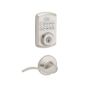 Powerbolt 250 Satin Nickel Single Cylinder Keypad Electronic Deadbolt with SmartKey and Balboa Passage Handle Combo Pack