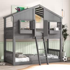 Gray Twin over Twin House Bunk Bed with Roof, Window, Window Box, Door and Ladder