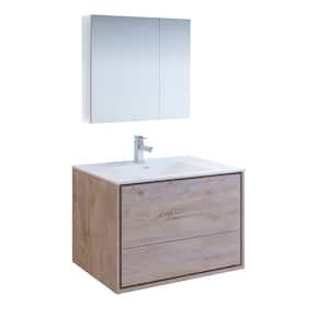 Catania 36 in. Modern Wall Hung Vanity in Rustic Natural Wood with Vanity Top in White with White Basin,Medicine Cabinet