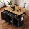 Nestfair Black Wood 54 in. Rolling Kitchen Island with Rubber Wood Drop Leaf, 4-Doors and 3-Drawers CKK5395B