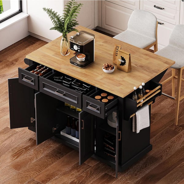 Black Wood 54 in. Rolling Kitchen Island with Rubber Wood Drop Leaf, 4-Doors and 3-Drawers