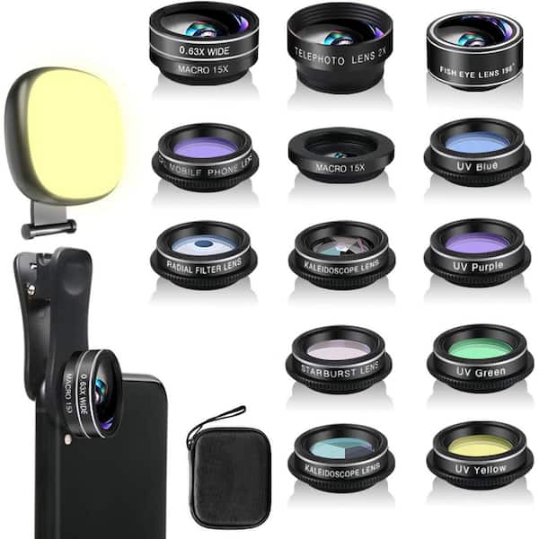 OBJLGEV 14 in 1 Phone Camera Lens Kit with Selfie Light for iPhone Samsung Universal Clip Wide Angle Macro Fisheye Lenses
