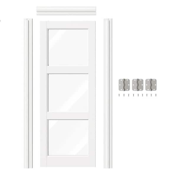 32 in. x 80 in. 3 Lite, Clear Glass, White Primed, MDF Prehung Interior Door Left-Handed with Door Jamb and Hardware Kit