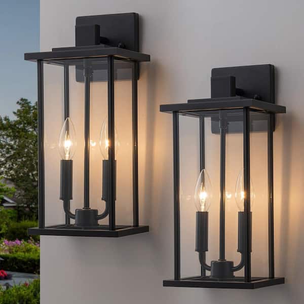 15.25 in. Classic Matte Black Outdoor Hardwired Wall Lantern Sconce with Clear Glass Shade, No Bulbs Included (2-Pack)