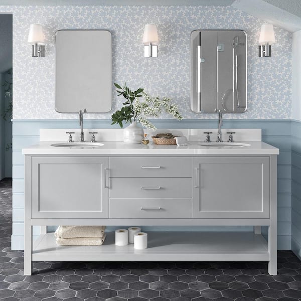 ARIEL Bayhill 73 in. W x 22 in. D x 36 in. H Bath Vanity in Grey with Pure Pure White Quartz Top