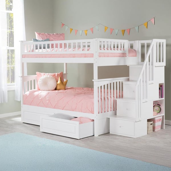 Columbia Staircase Bunk Bed Full Over Full with 2 Raised Panel Bed Drawers in White