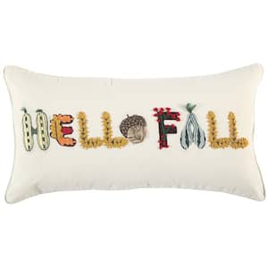 Ivory/Multi Harvest Embroidered "Hello Fall" Poly Filled 20 in. x 20 in. Decorative Throw Pillow