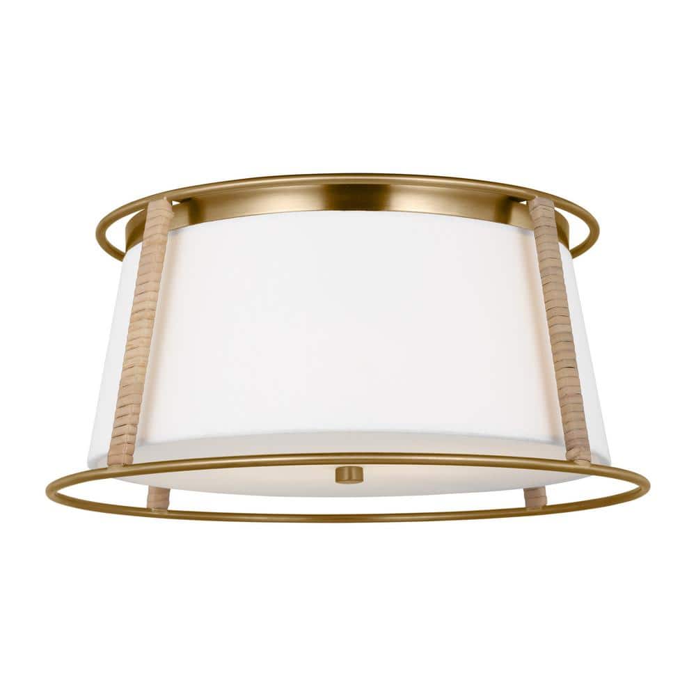 Satin Brass and White Linen 2-Light Drum Flush Mount