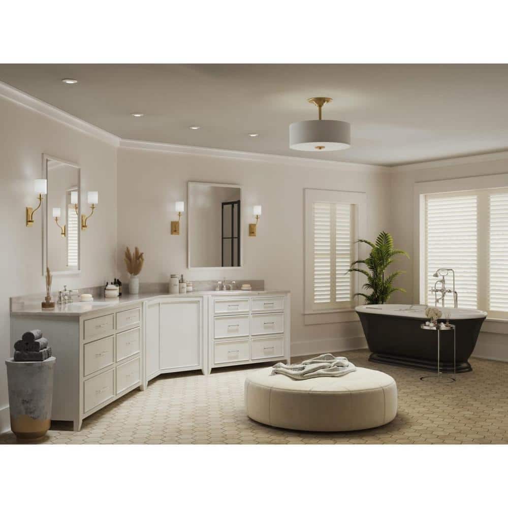 Satin Brass Semi-Flush Mount with Linen Shade