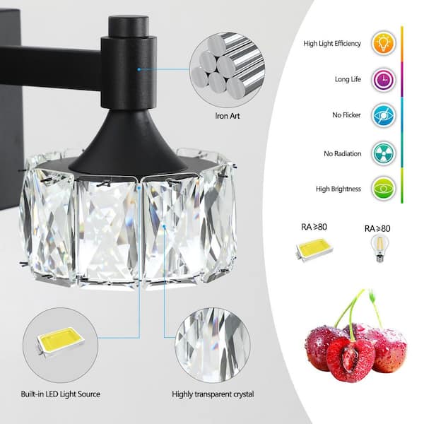 4-Light Matte Black LED Vanity Light - Crystal Glass Shades with Elegant Design, Dimmable 6000K for Bathroom and Vanity