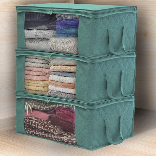 Foldable Storage Bag Organizers with Clear Window and Handles, Green 19 in. x 7.5 in. Fabric Decorative Box (Set of 1)