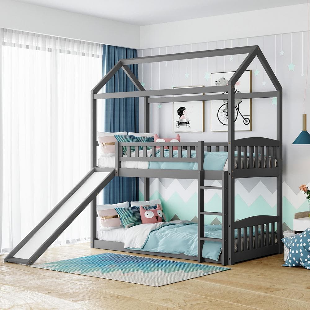 Qualler Gray Twin over Twin House Bunk Bed with Slide and Ladder ...