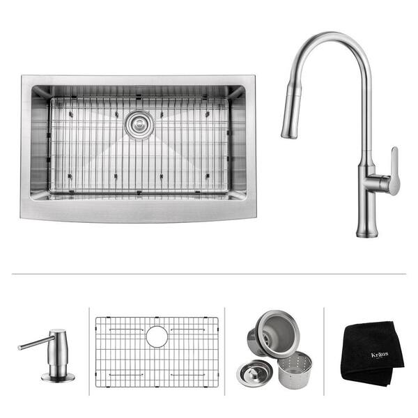 KRAUS All-in-One Farmhouse Apron Front Stainless Steel 33 in. Single Bowl Kitchen Sink with Faucet and Accessories in Chrome