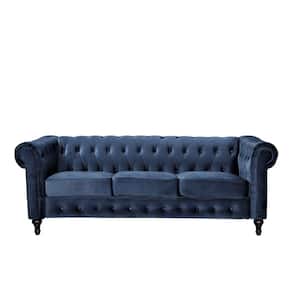 Brooks 82.3 in. Rolled Arm Velvet Straight 3-Seater Upholstered Sofa in Dark Blue