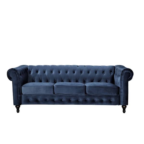 US Pride Furniture Brooks 82.3 in. Rolled Arm Velvet Straight 3-Seater Upholstered Sofa in Dark Blue