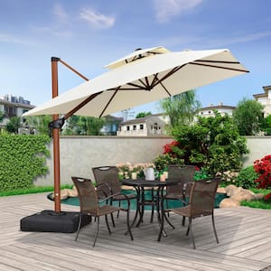 9 ft. Square High-Quality Wood Pattern Aluminum Cantilever Polyester Patio Umbrella with Base, Cream