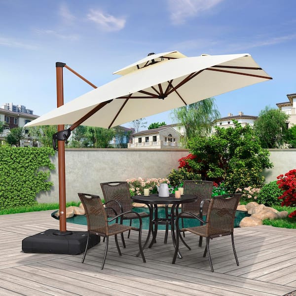 PURPLE LEAF 9 ft. Square High-Quality Wood Pattern Aluminum Cantilever Polyester Patio Umbrella with Base, Cream