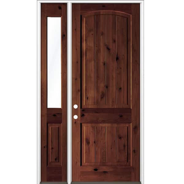46 in. x 96 in Knotty Alder Arch Top Right-Hand/Inswing Clear Glass BEHR Red Mahogany Stain Wood Prehung Front Door LHSL
