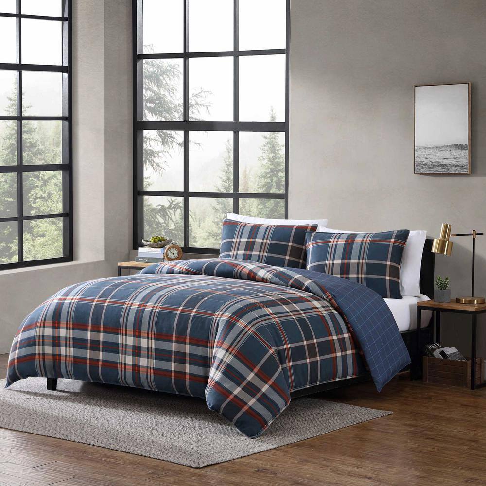 Navy Blue Plaid Microfiber Full/Queen Duvet Cover Set
