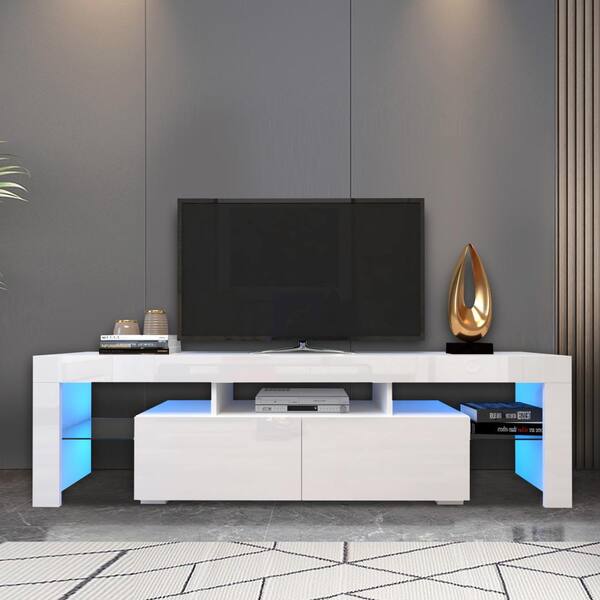 Qualfurn 63 White TV Stand Fits TV's up 70 in. with LED Lights-31188A331 - The Home Depot