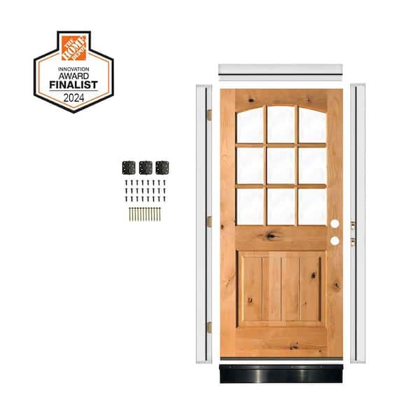 DIY 36 in. x 80 in. Arch Top Left-Hand Clear Glass Clear Stain Alder Wood Front Door Kit w/ Quick Assemble Jamb