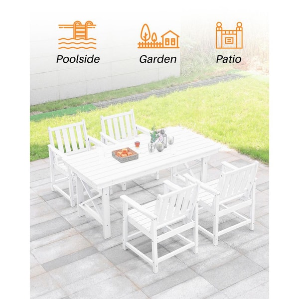 LOUNZY 90" Outdoor Dining Table For 10 – All-Weather HDPE Rectangle Patio Set With 2 Umbrella Holes, White (Table Only)